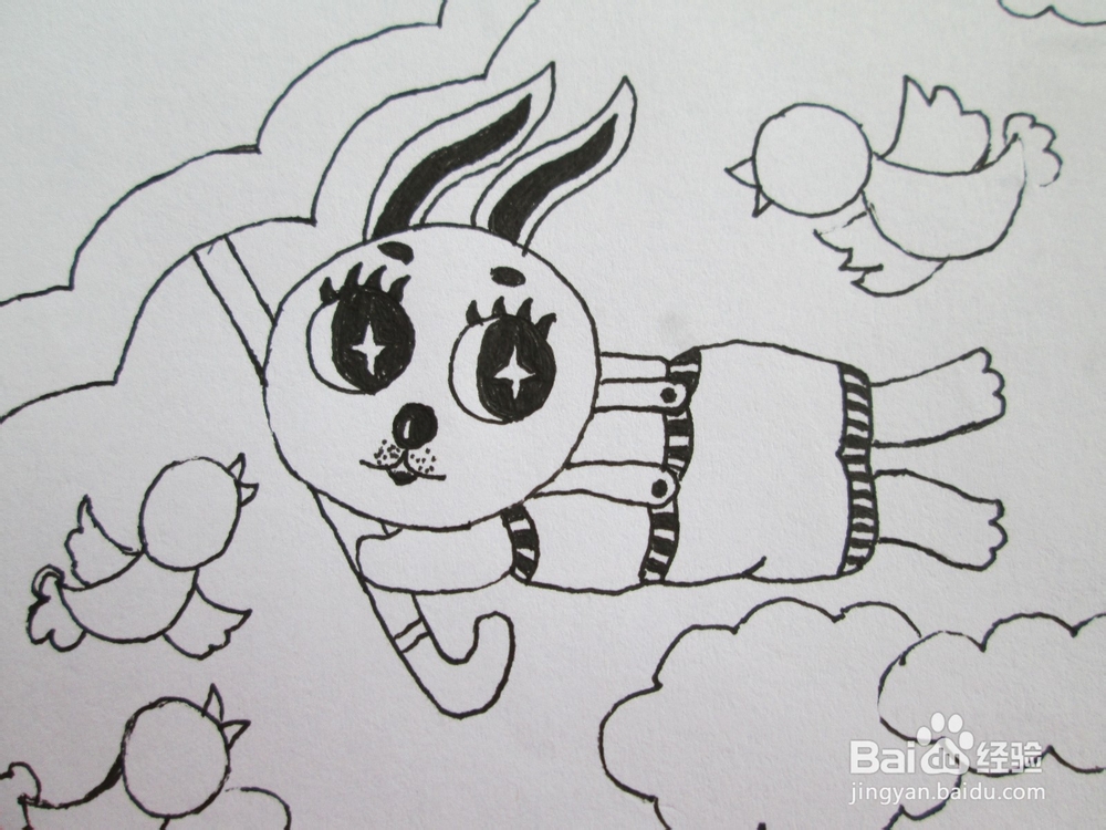 黑白线描画《被大风吹起来的小兔子》作画步骤
