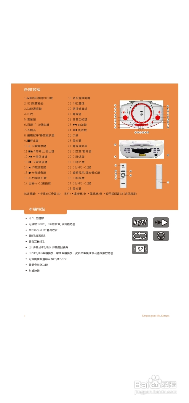 声宝AK-W913UL型手提CD/MP3/USB收录音机说明书