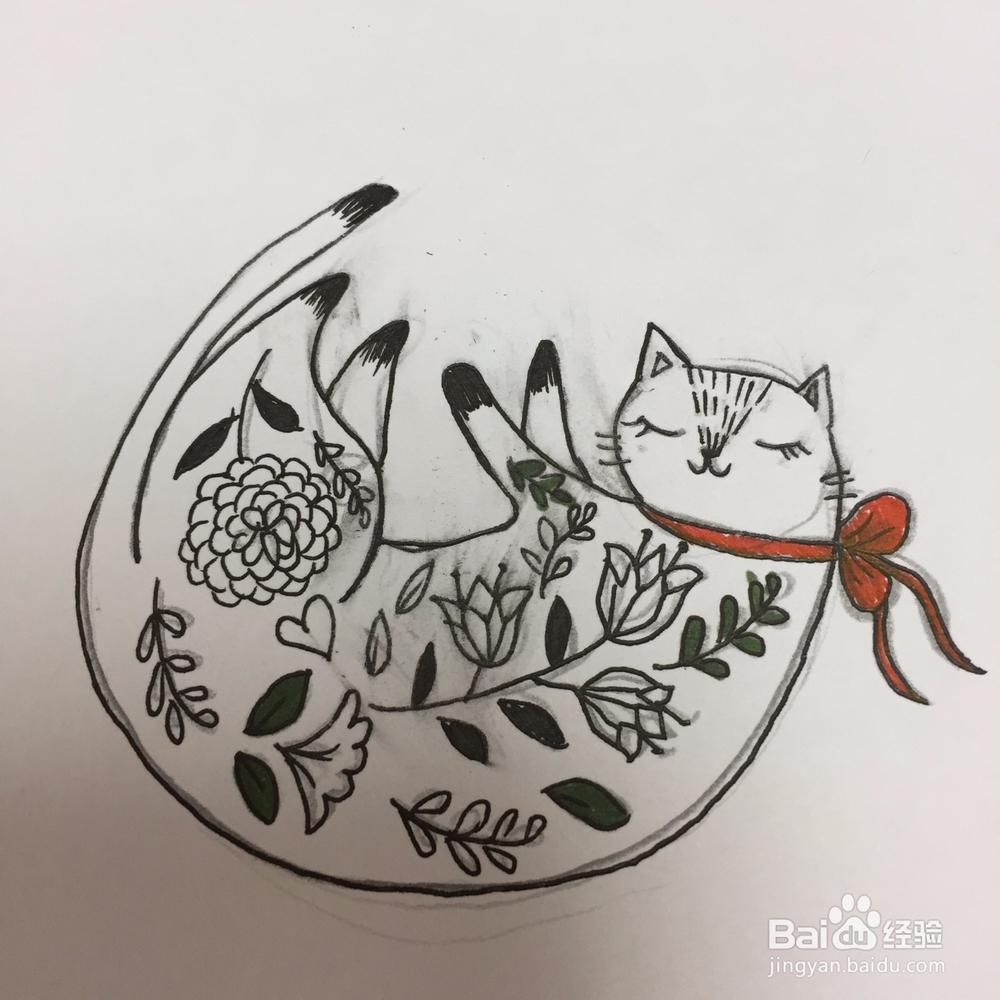 花草小猫咪刺绣图样的教程