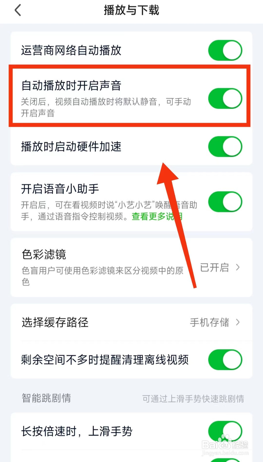 怎样开启爱奇艺的“自动播放时开启声音”功能