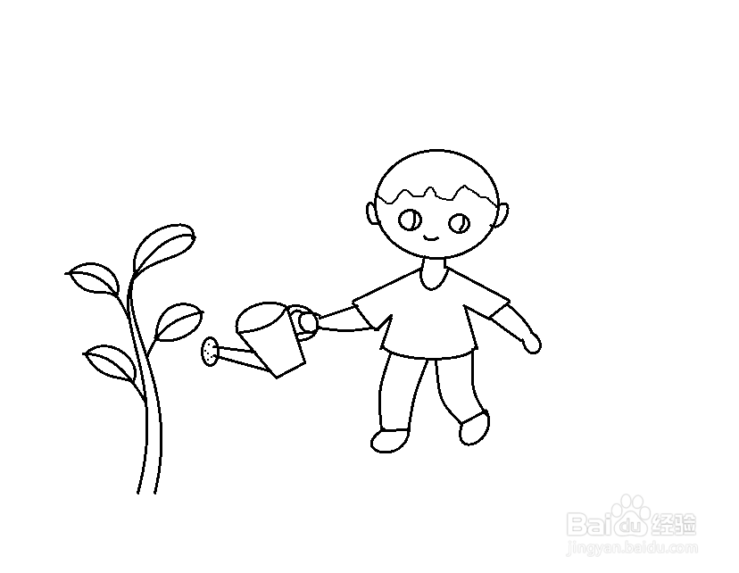 小男孩给树浇水的画图片