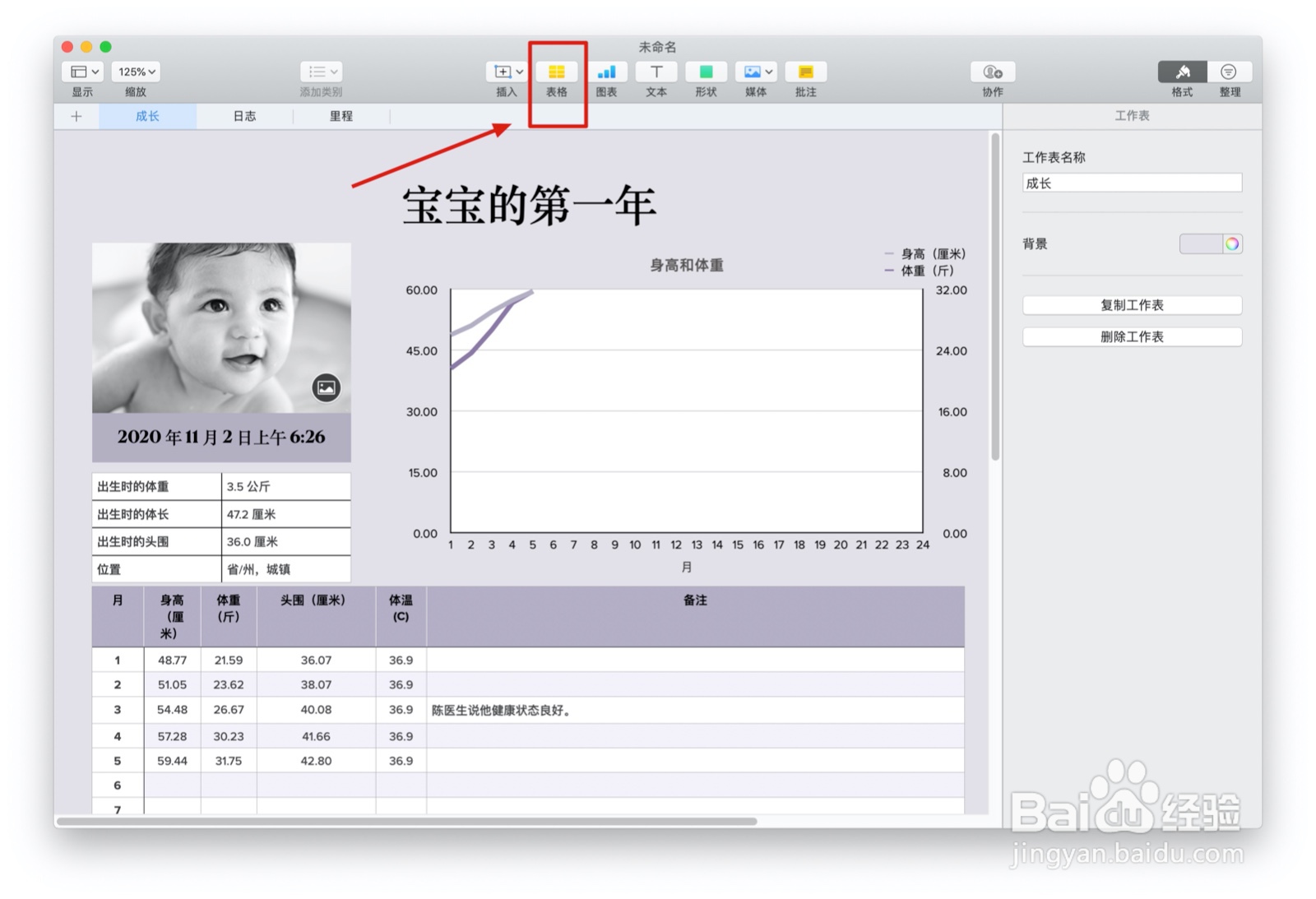 Numbers表格宝宝记录中如何插入表格