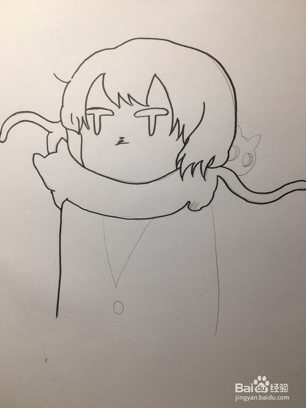 动漫线稿 画两只猫围着女孩的脖子 猫围脖简笔画