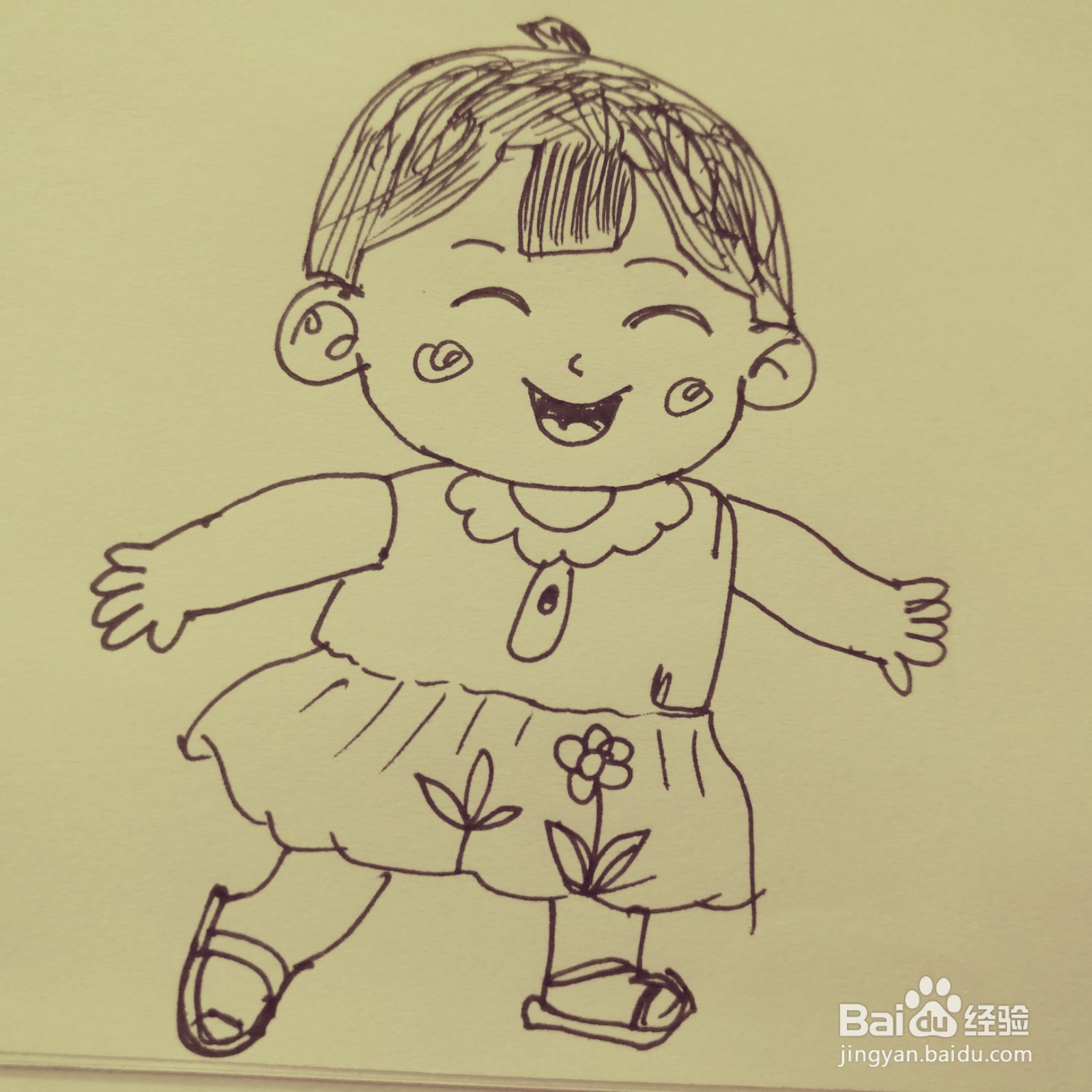 如何画一位穿着裙子的开心女生简笔画呢?