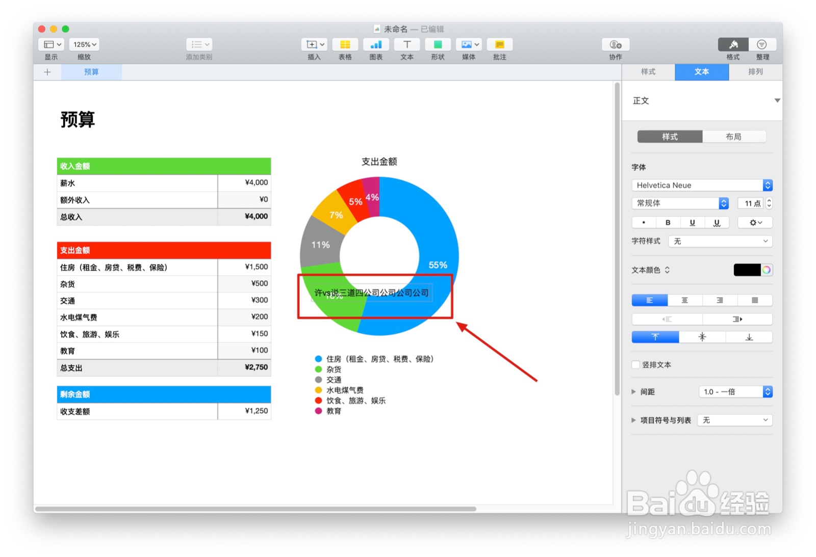 Numbers表格“简单预算”模板中如何插入文本