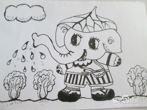 黑白线描画《大象种白菜》的作画步骤