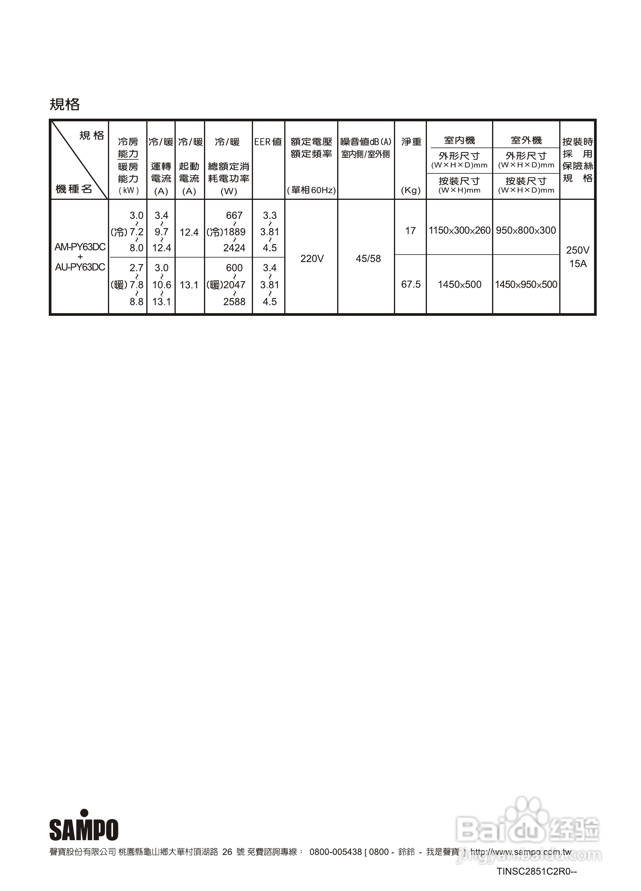 声宝AM-PY63DC/AU-PY63DC型变频冷气机说明书:[3]
