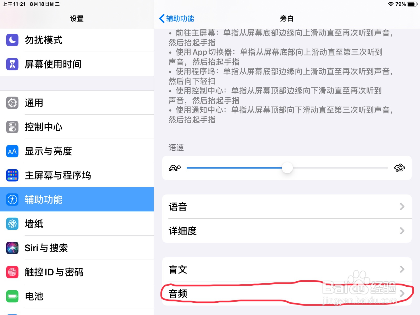 iPad怎么在旁白设置项目已存储的预览