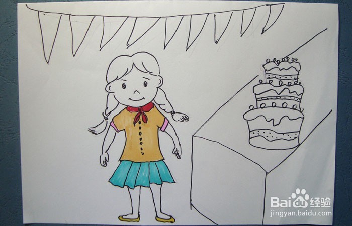 彩色简笔画买蛋糕的小女孩