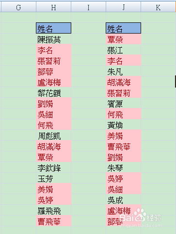 Excel如何找出两列相同和不同的姓名