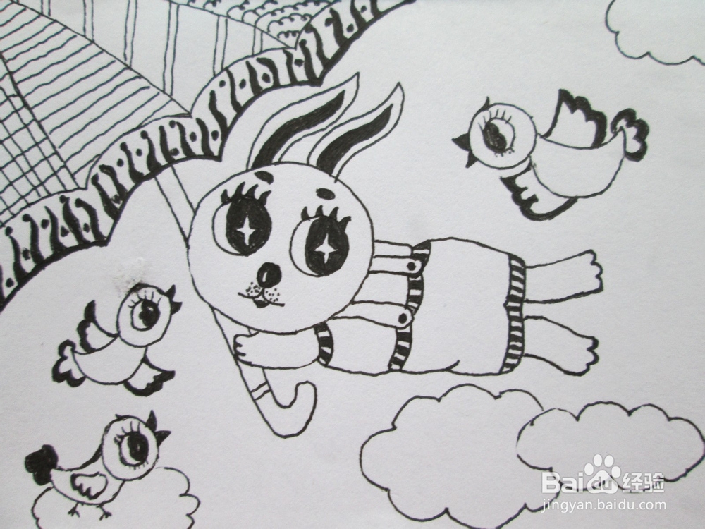 黑白线描画《被大风吹起来的小兔子》作画步骤