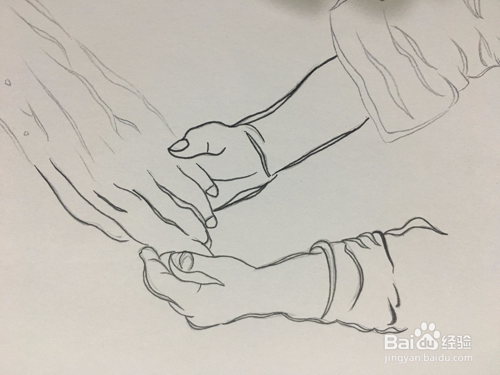 画一双年轻人的手握着一只老人的手 简笔画