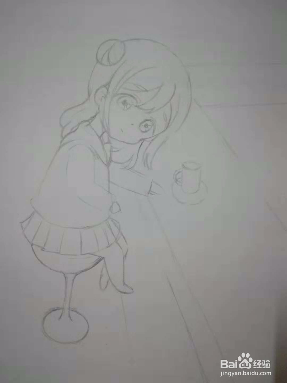 吧台休息的水手服漫画Q版人物手绘插画线稿教程