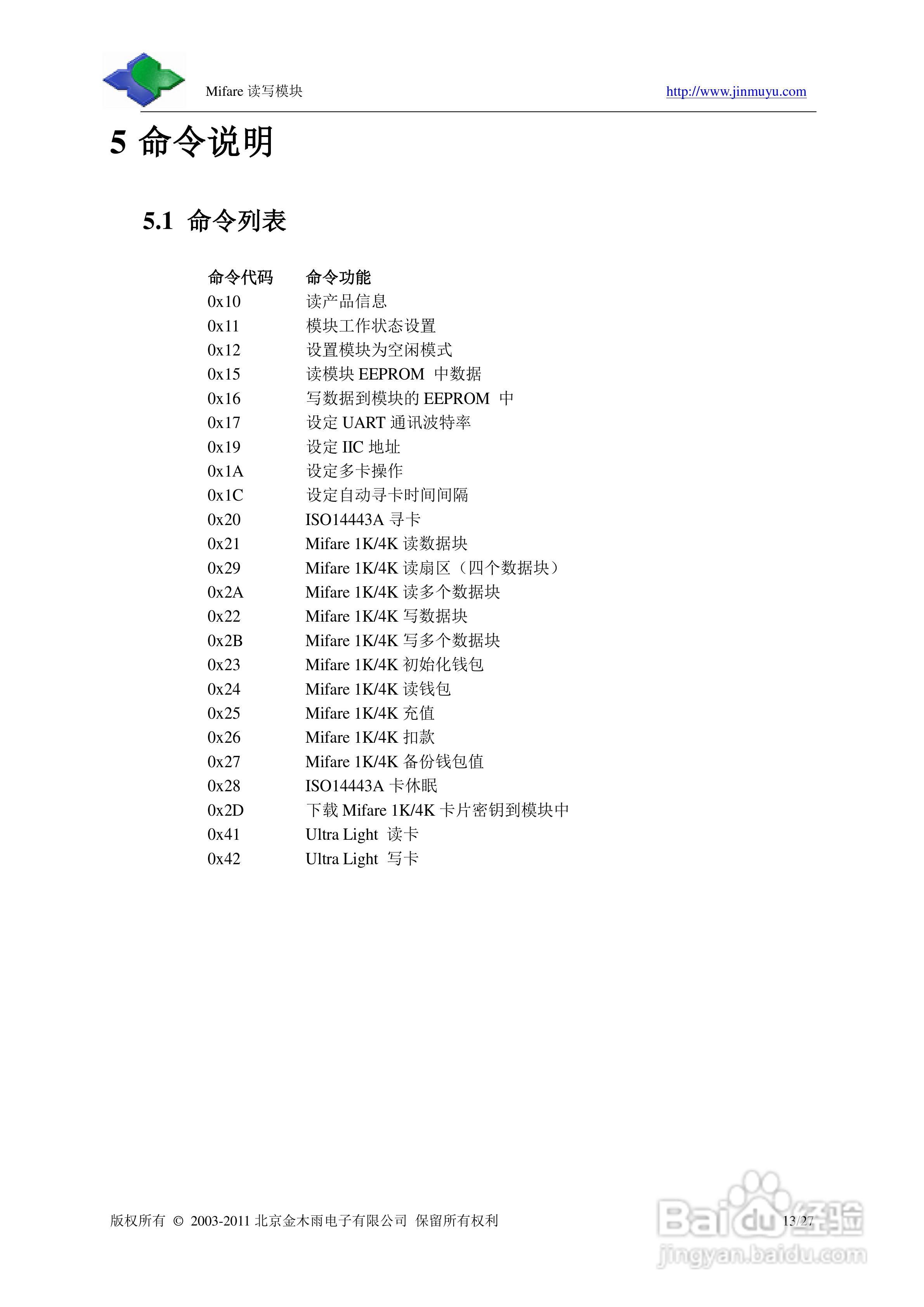 金木雨JMY501M M1卡标准非接触IC卡读卡模块手册:[2]