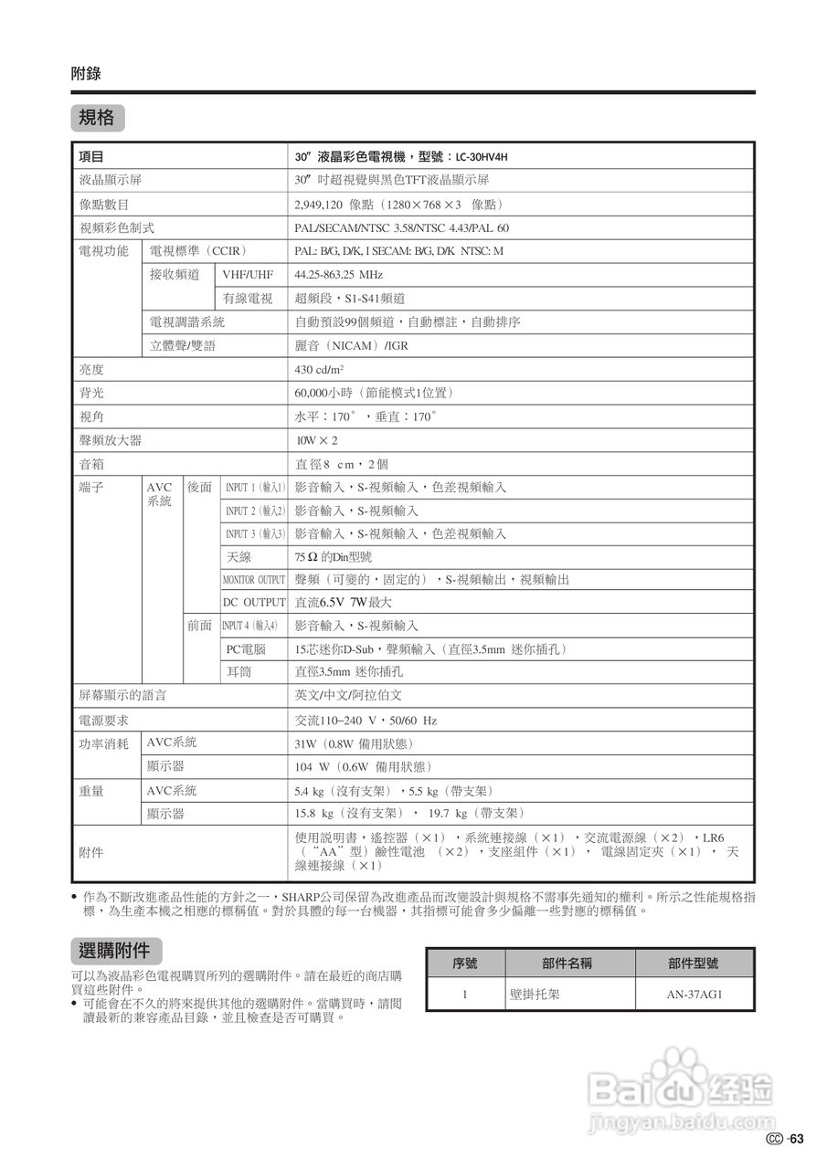 声宝LC-30HV4H型液晶电视机说明书:[7]