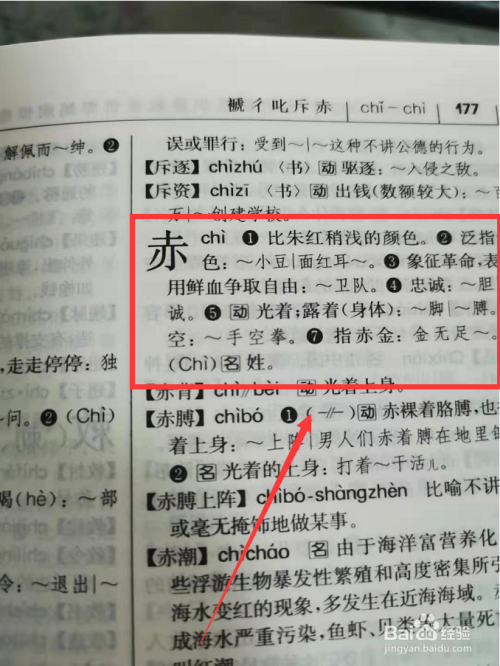 第四步,接着翻到字典的177页,可以查找到赤字解释和组词等