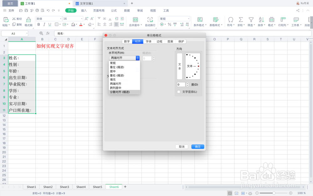 在Excel中，如何实现文字对齐