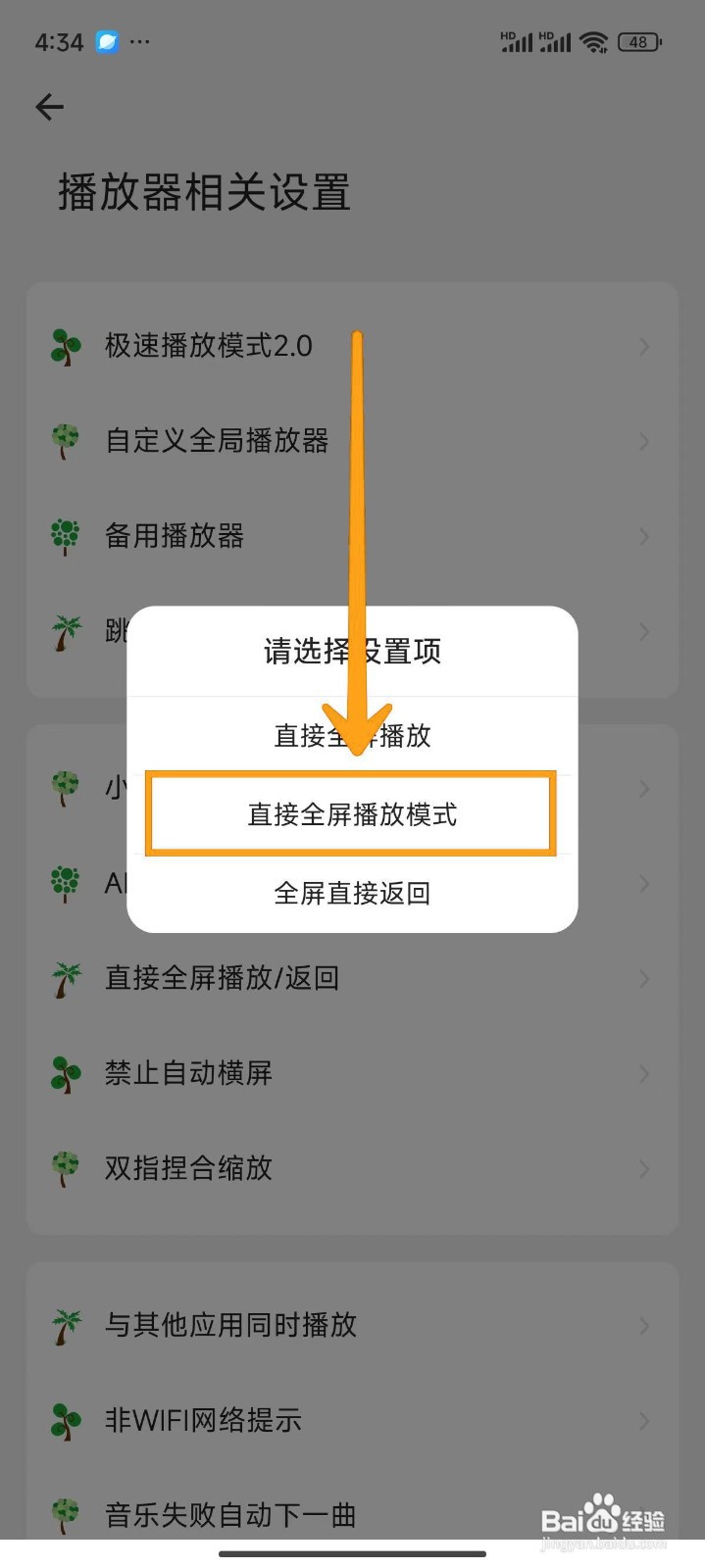 如何设置海阔视界的直接全屏播放？