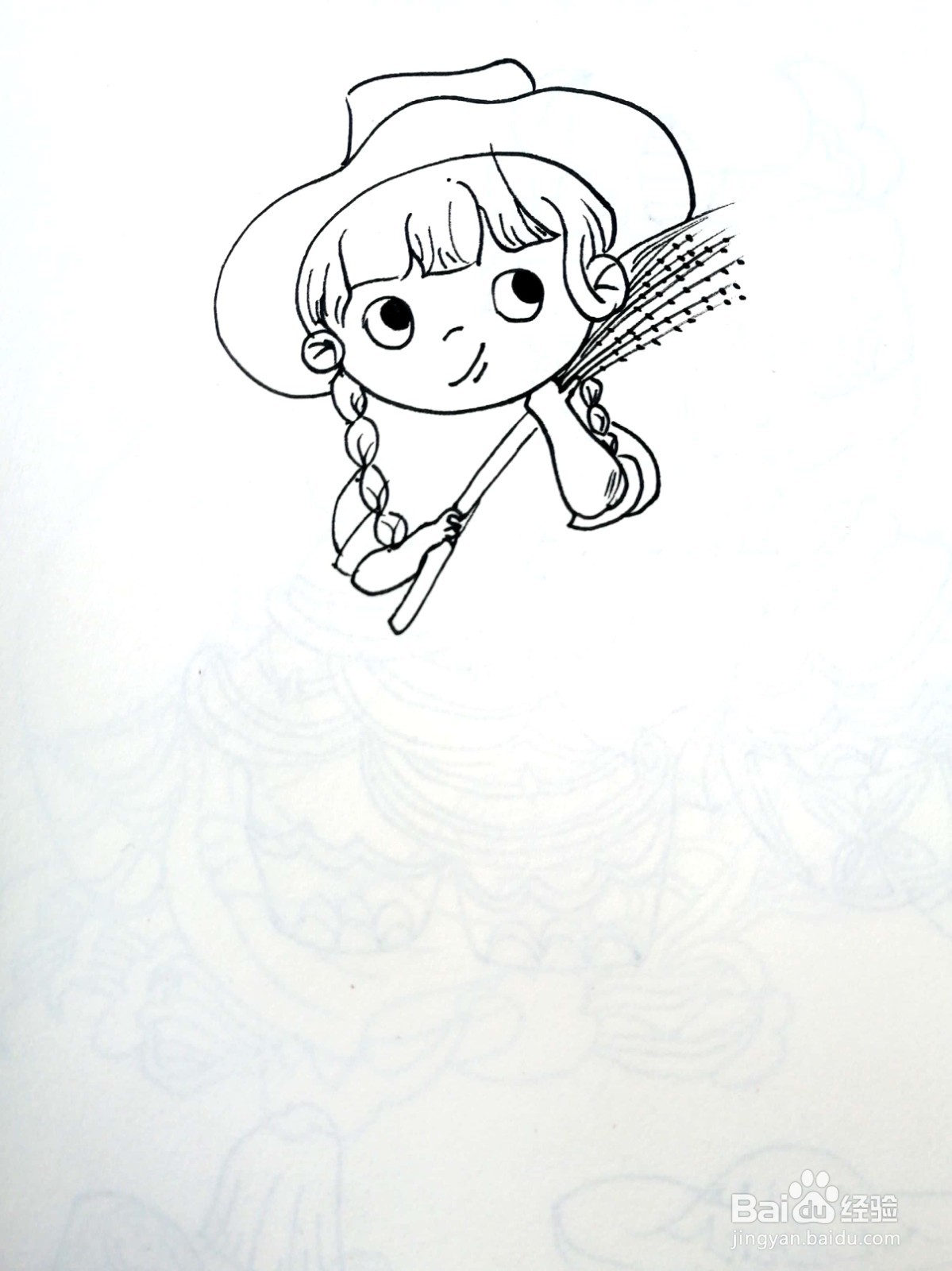 戴着草帽的女孩儿线描画怎么画