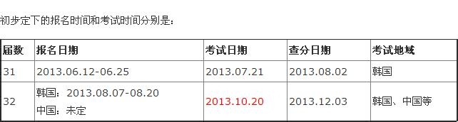 2013年下半年TOPIK考试时间安排