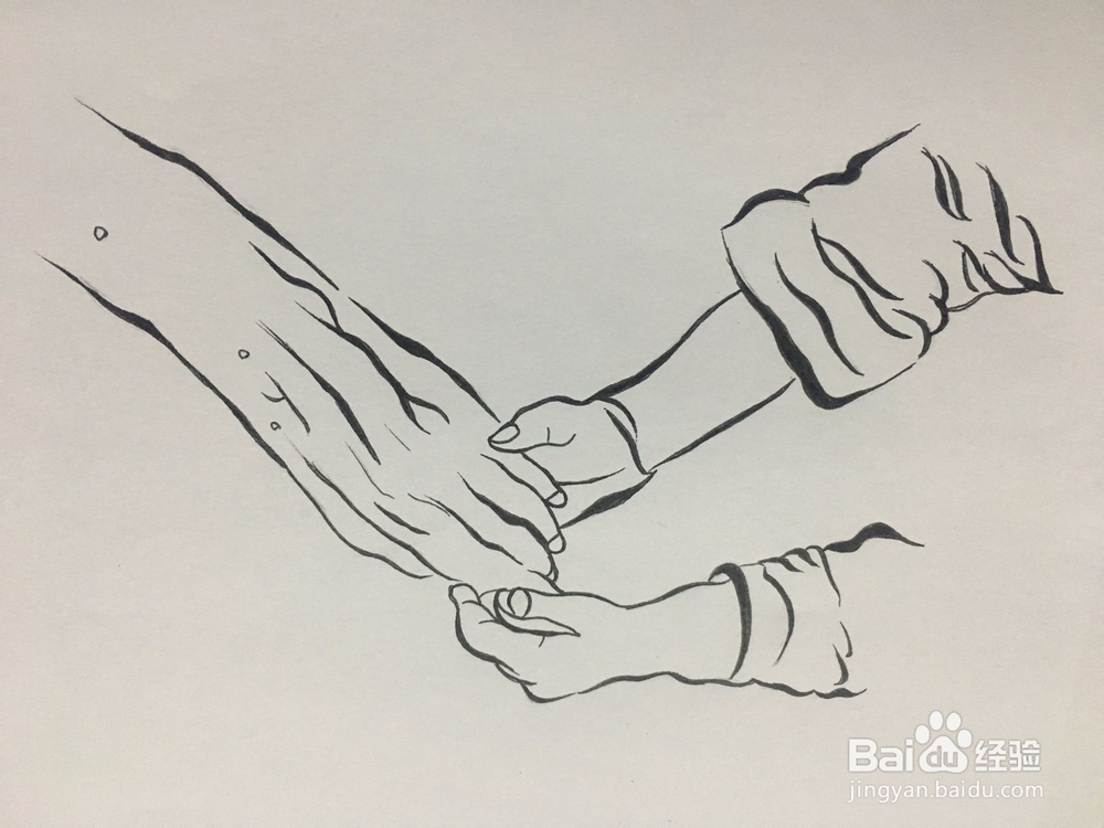 画一双年轻人的手握着一只老人的手 简笔画