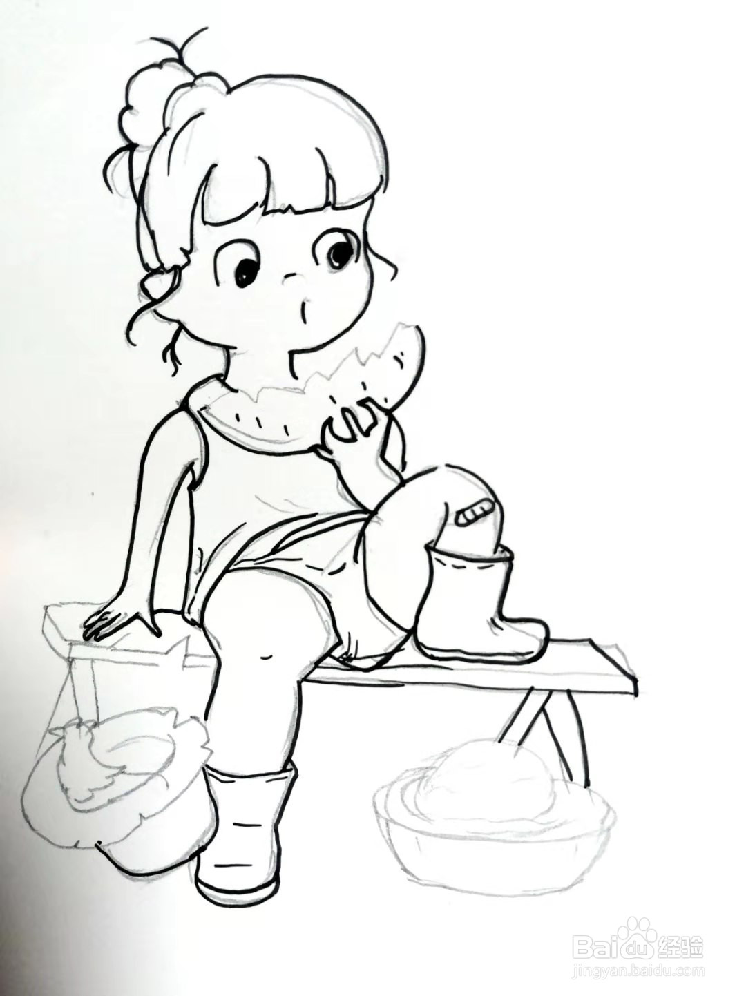 夏日里吃西瓜的女孩儿怎么画