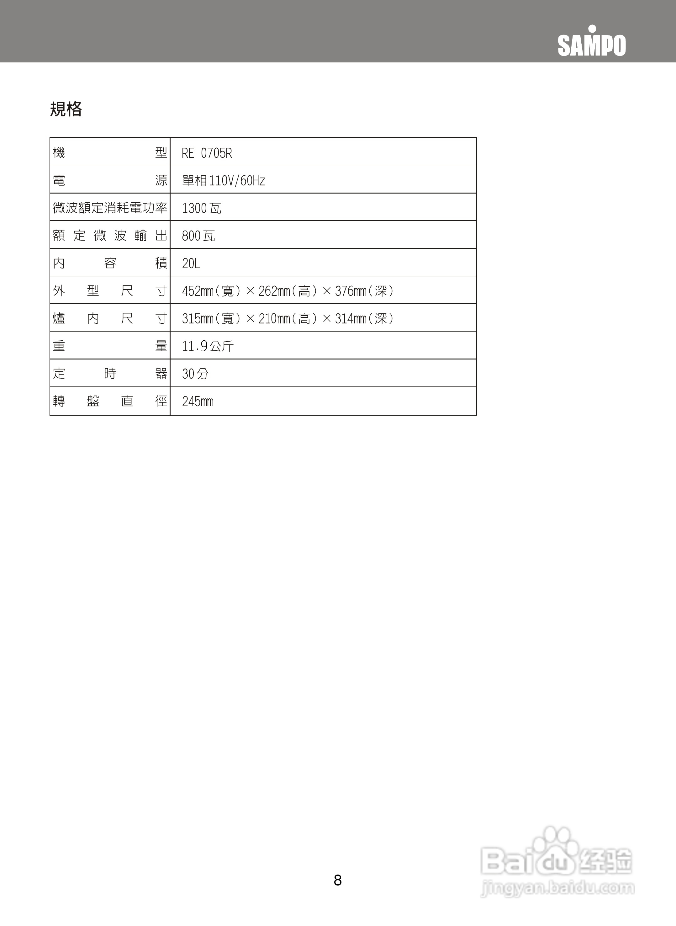 声宝RE-0705R型微波炉说明书