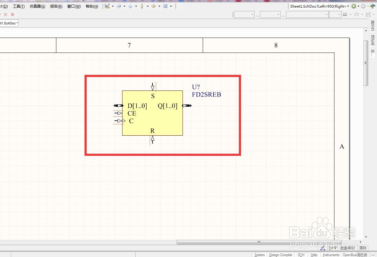 如何在AD中放置2位同步复位使能总线D型触发器？
