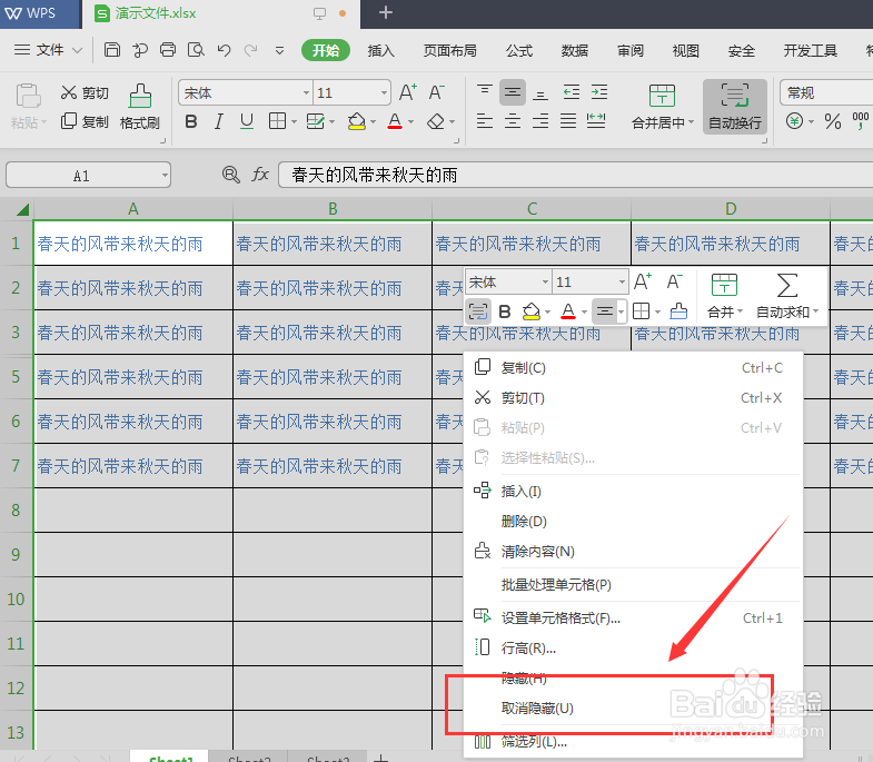 Excel中如何设置隐藏整行
