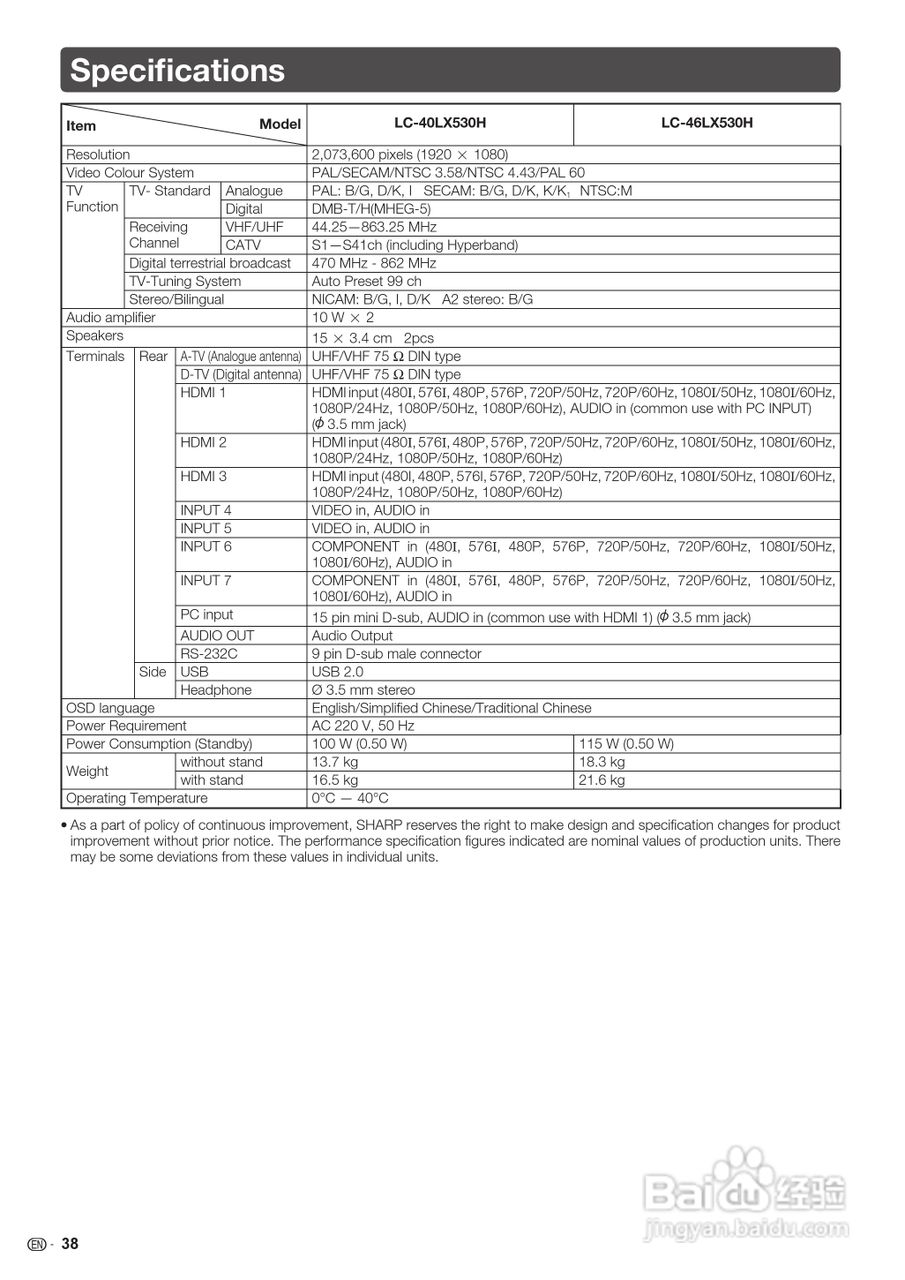 声宝LC-46LX530H型液晶电视机说明书:[8]