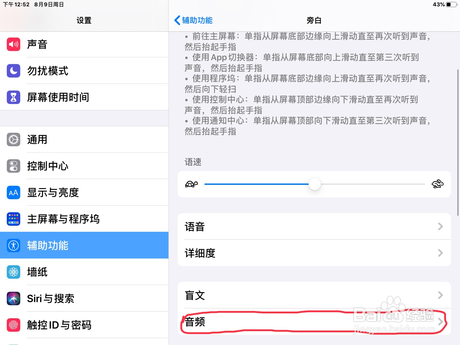 iPad怎么在旁白设置已进入目标区域的预览