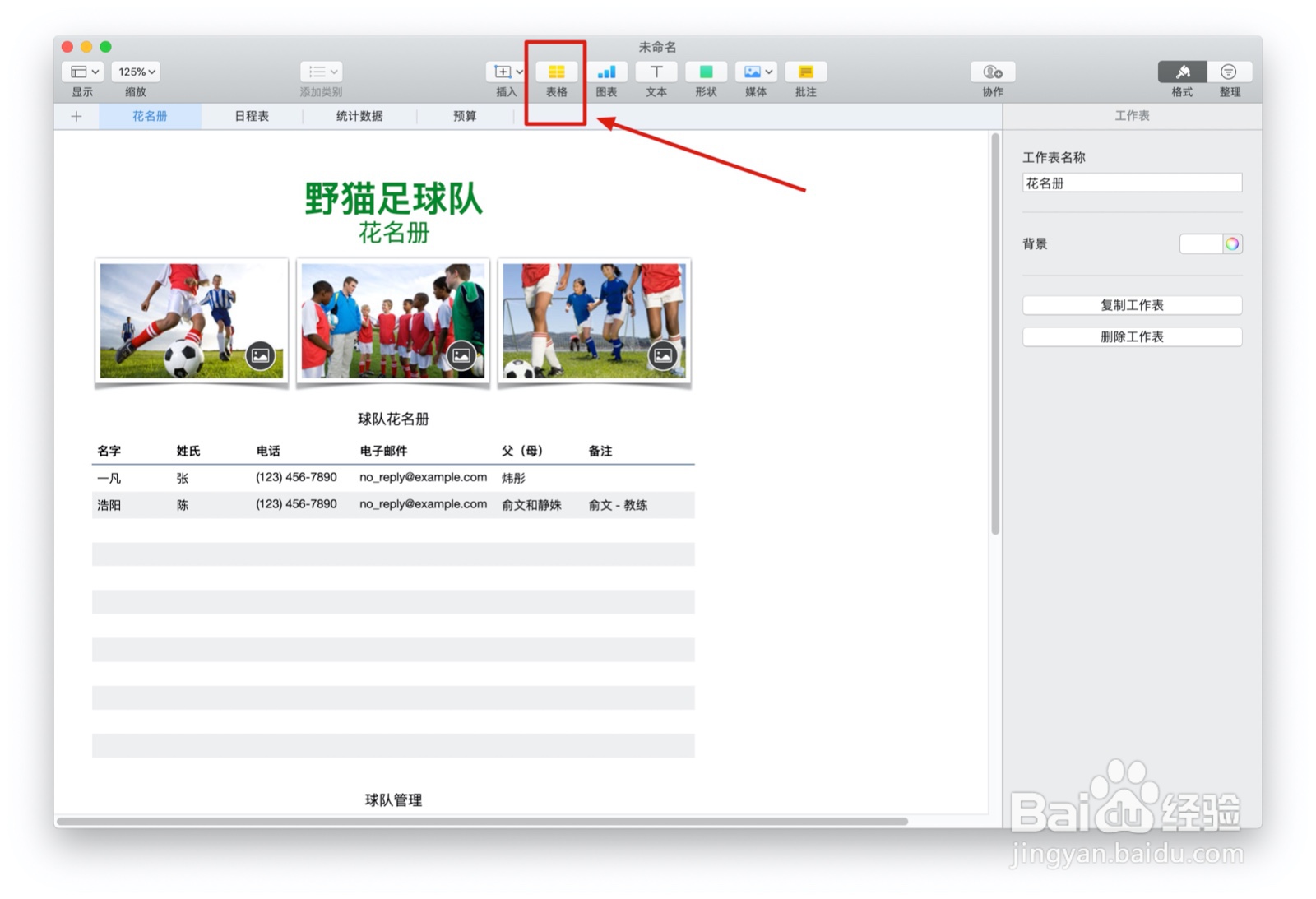 Numbers表格球队组织中如何插入表格