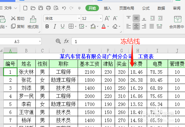 怎样应用WPS 2019表格的冻结窗格