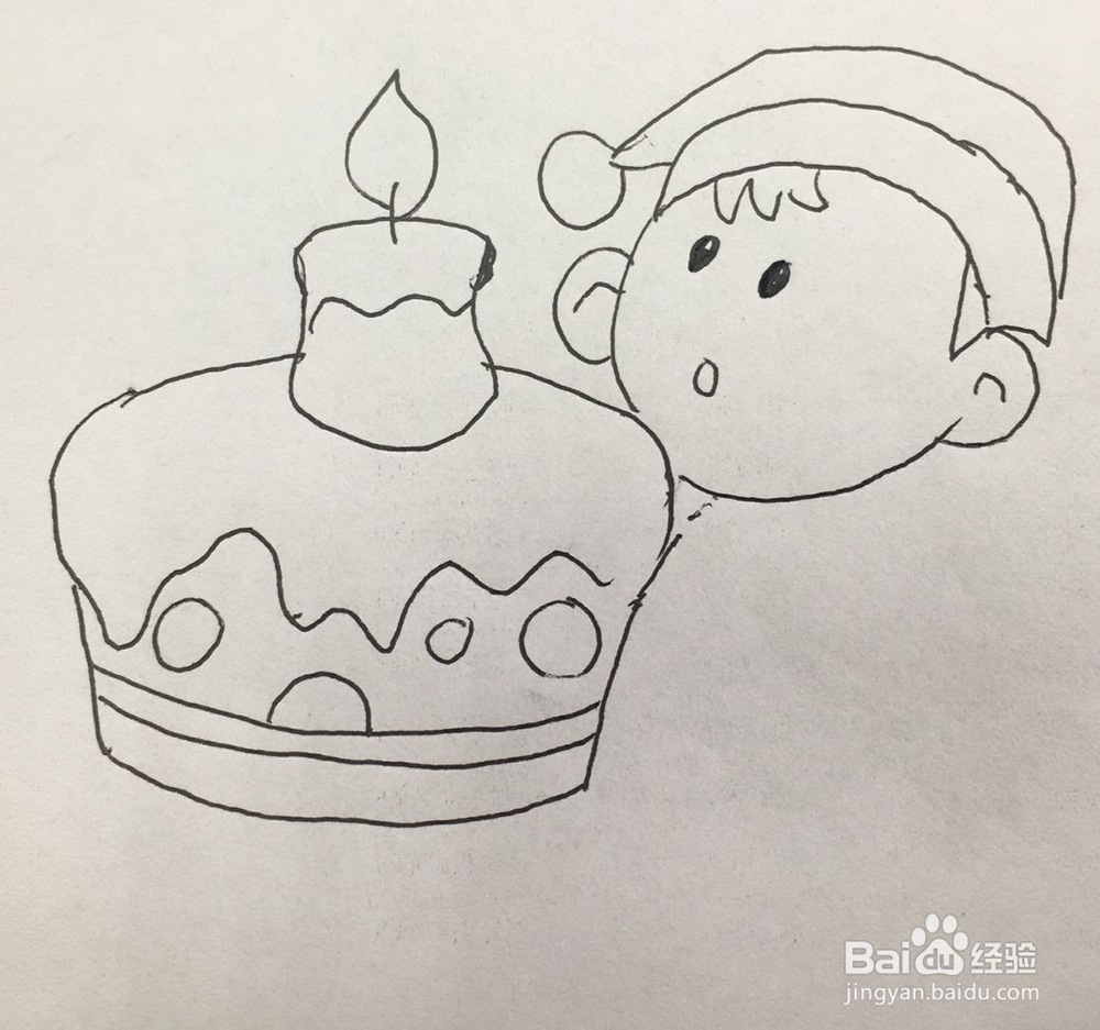 盯着蛋糕上的蜡烛发呆的小朋友怎么画