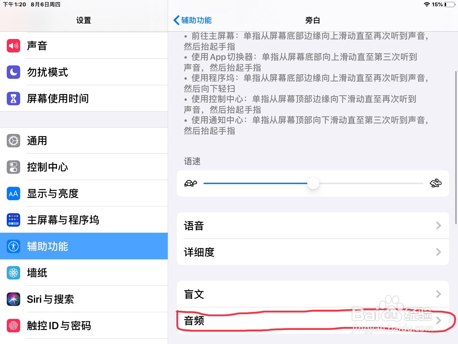 iPad怎么在旁白设置已激活项目的预览