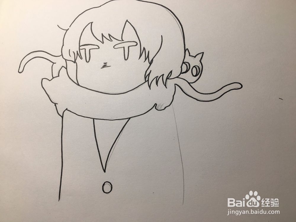 动漫线稿 画两只猫围着女孩的脖子 猫围脖简笔画
