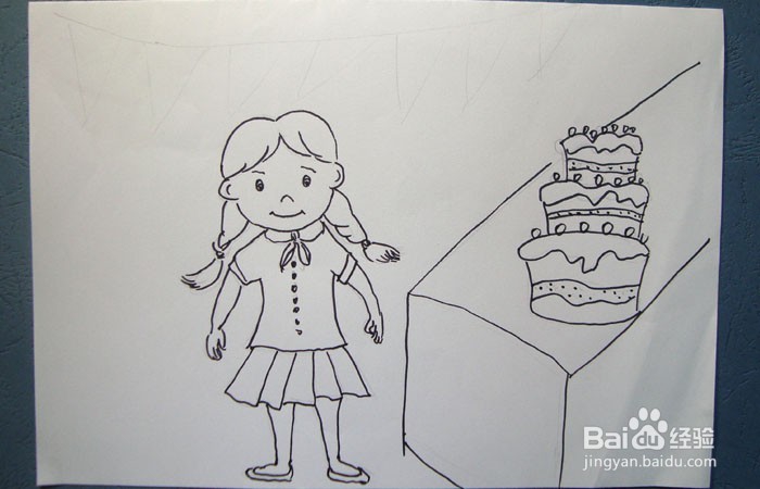 彩色简笔画买蛋糕的小女孩