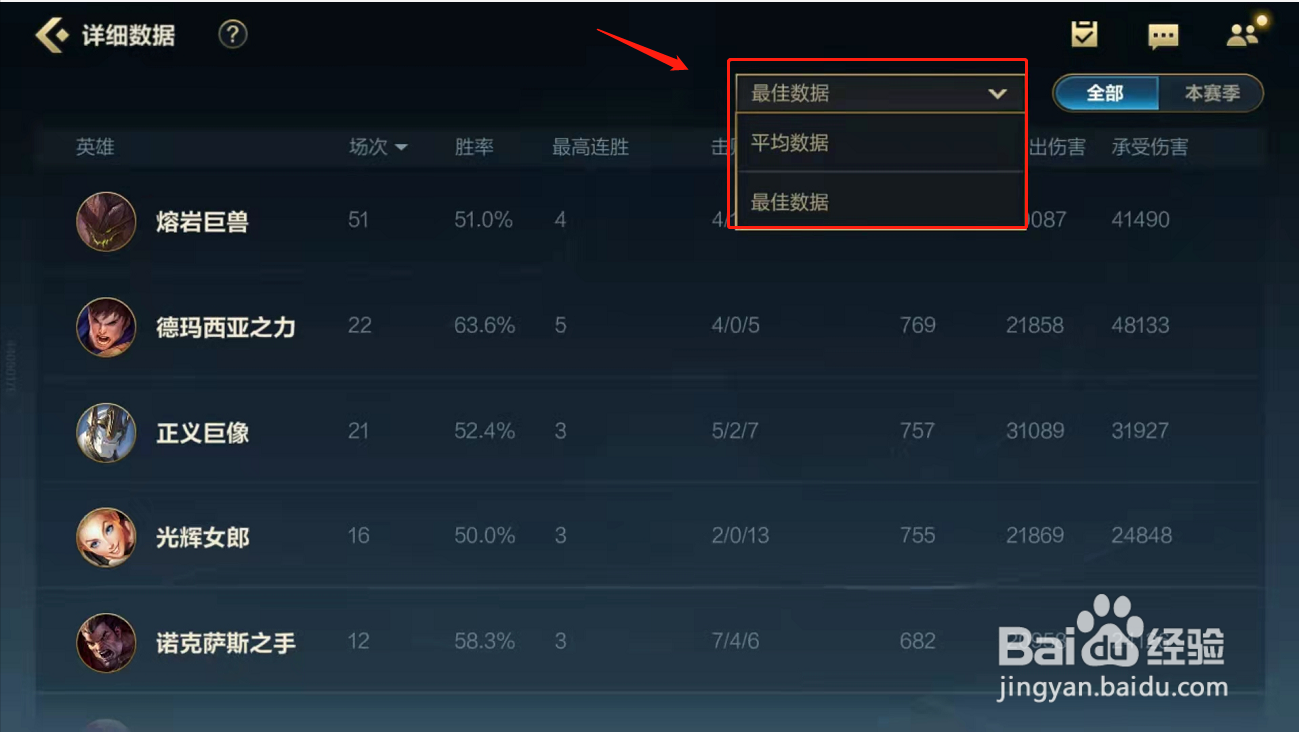 英雄联盟lol手游怎么查看常用英雄赛季胜率KDA