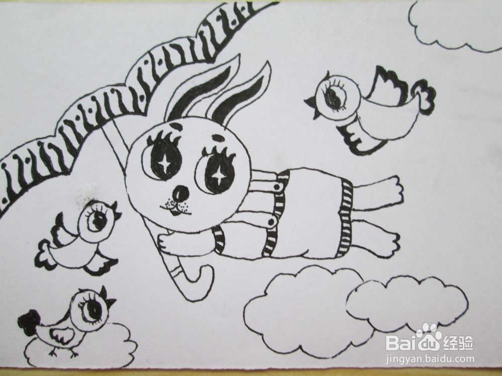 黑白线描画《被大风吹起来的小兔子》作画步骤