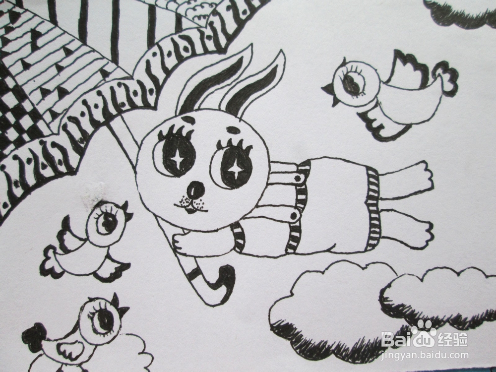黑白线描画《被大风吹起来的小兔子》作画步骤
