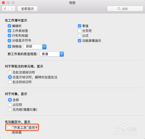 mac版本excel2016表格显示开发工具菜单