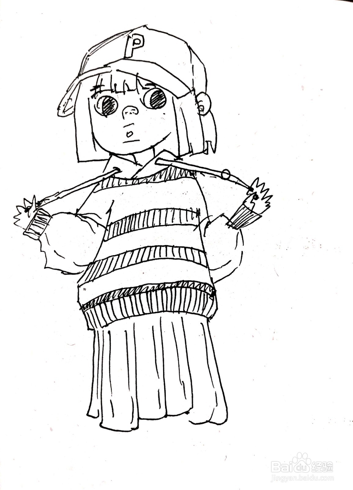 戴着棒球帽的女孩线描画怎么画