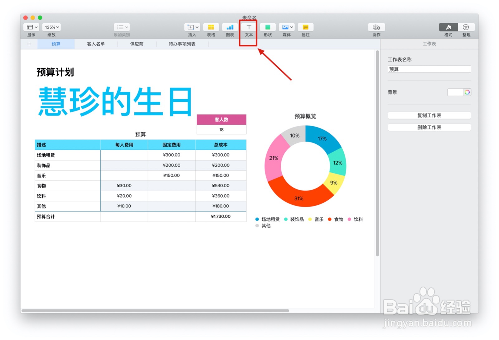 Numbers表格“聚会计划”模板中如何插入文本