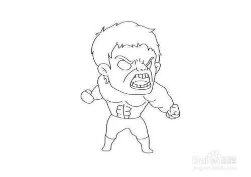 继续画出下半身,画出绿巨人粗壮的双腿,穿着短裤,这样简单的绿巨人