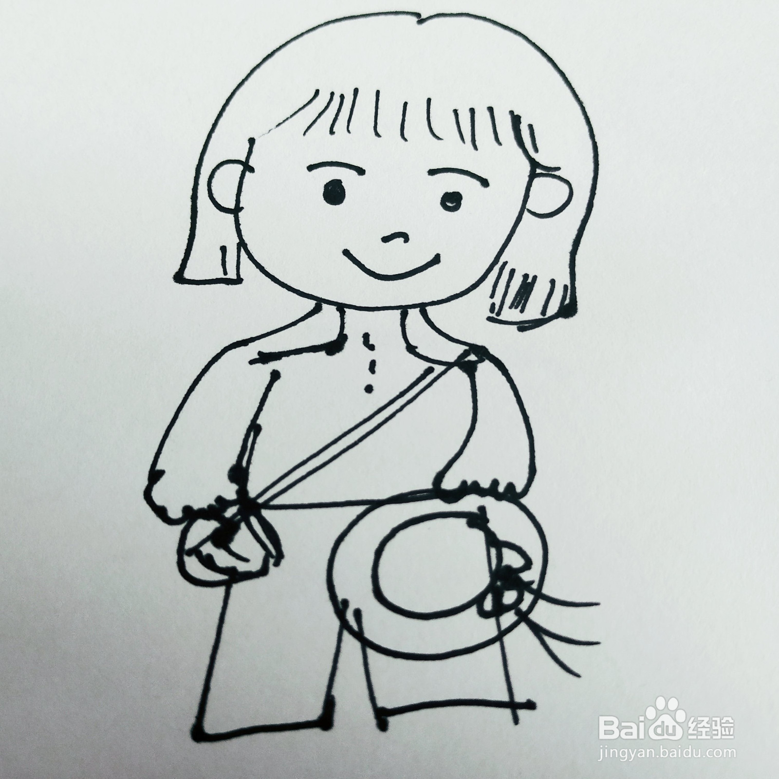 如何来画一位背着红包拿着帽子的卡通女孩呢?