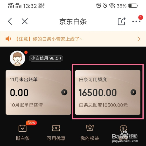 4 在京東白條界面,可以查看當前可用額度.