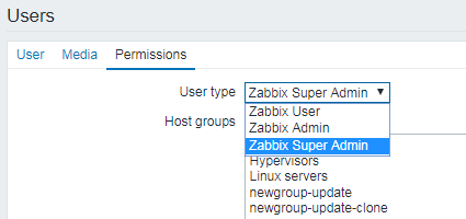 如何在zabbix中修改用户类型？