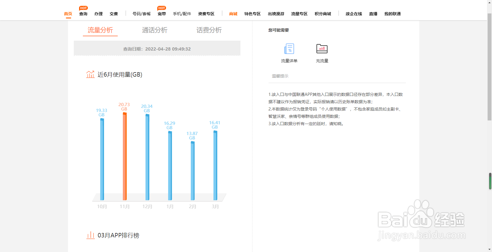 河南联通用户如何通过网上营业厅查询使用量分析
