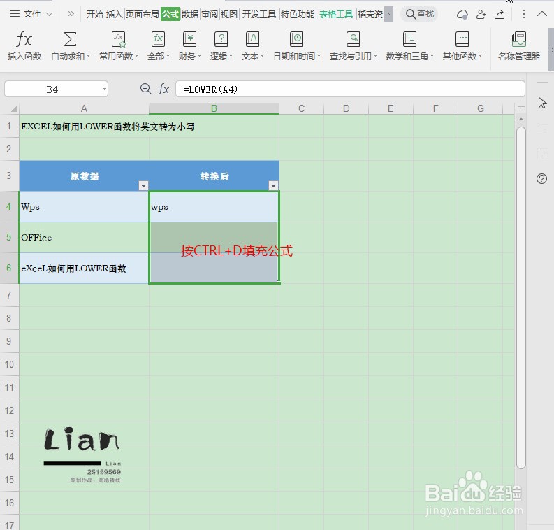 EXCEL如何用LOWER函数将英文转为小写