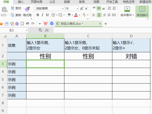 Excel中输入1或2显示男女或对错的设置方法